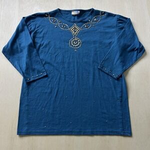 Visage Shirt Womens 2X Blue Studded Embellished Crew Neck Long Sleeve Tunic Top